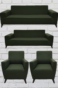 Şahane Ev Mikro Polyester Likralı Jakarlı Süngersiz Düz Giydirmeli Lastikli Haki Üçlü Koltuk Örtüsü 28x32 cm