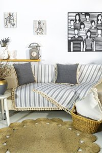Ndc Home Keten Ponponlu Süngersiz Çizgili Gri Tekli Koltuk Örtüsü 170x220 cm