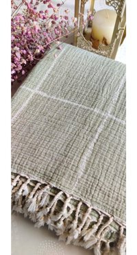 A.Z.H. Pamuklu Süngersiz Çizgili Haki Tekli Koltuk Örtüsü 185x220 cm