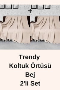 Denizli Concept Trendy Pamuklu - Polyester Kanvas Püsküllü Süngersiz Armürlü Bej Üçlü Koltuk Örtüsü 170x301 cm