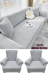 Uzhanem Pamuklu - Polyester Likralı Süngerli Geometrik Desenli Giydirmeli Gri Dörtlü Koltuk Örtüsü 180x230 cm