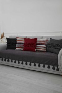 Aisha's Design KO-26 Polyester Örgü Püsküllü Süngersiz Düz Gri Tekli Koltuk Örtüsü 34x48 cm