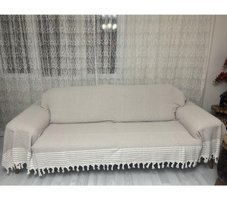 Nasır Home Pamuklu Püsküllü Süngersiz Çizgili Vizon Tekli Koltuk Örtüsü 180x300 cm
