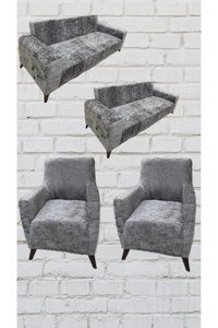 Şahane Ev Kadife Likralı Jakarlı Süngersiz Çizgili Giydirmeli Gri Üçlü Koltuk Örtüsü 155x220 cm