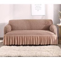 Hanemce Pamuklu - Polyester Bürümcük Fırfırlı Süngersiz Kapitone Giydirmeli Kahverengi Üçlü Koltuk Örtüsü 180x230 cm