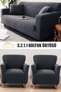 Uzhanem Pamuklu - Polyester Likralı Süngerli Petek Desenli Giydirmeli Antrasit Dörtlü Koltuk Örtüsü 183x230 cm