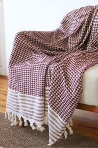 Koza Home Nova Pamuklu - Polyester Saçaklı Süngersiz Geometrik Desenli Bordo Tekli Koltuk Örtüsü 180x220 cm