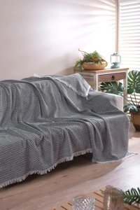 By Ballı Biocotton Pamuklu Kanvas Saçaklı Süngersiz Armürlü Siyah Üçlü Koltuk Örtüsü 170x210 cm