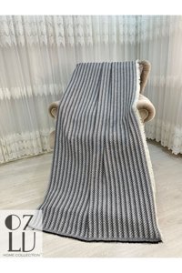 Özlü Home Pamuklu Örgü Saçaklı Süngersiz Çizgili Siyah Tekli Koltuk Örtüsü 170x210 cm