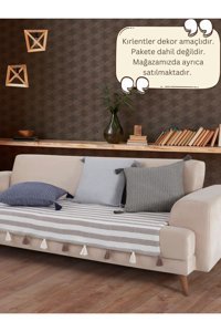 Lux Touch Liva Pamuklu Ponponlu-Püsküllü Süngersiz Geometrik Desenli Kahverengi Tekli Koltuk Örtüsü 115x201 cm