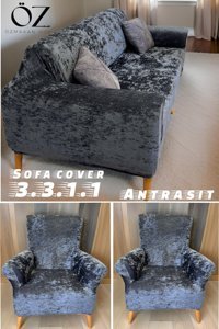 Özmakan Kadife Likralı Jakarlı Süngersiz Giydirmeli Gri Dörtlü Koltuk Örtüsü 180x230 cm