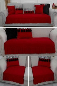 Aisha's Design KTK-8 Polyester Örgü Pileli Süngersiz Düz Kırmızı Dörtlü Koltuk Örtüsü 34x48 cm