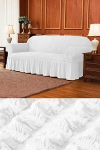 Akbu Pamuklu - Polyester Bürümcük Fırfırlı Süngersiz Giydirmeli Lastikli Beyaz Tekli Koltuk Örtüsü 183x230 cm
