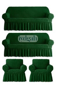 Iydgah Polyester Bürümcük-Likralı Fırfırlı Süngersiz Kapitone Giydirmeli Yeşil 3-3-1-1 Koltuk Örtüsü 180x230 cm
