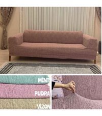 Hanemce Pamuklu - Polyester Süngersiz Kırçıllı Giydirmeli Pembe Üçlü Koltuk Örtüsü 180x237 cm