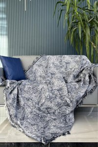 Çeyiz Diyarı Pamuklu Kanvas Saçaklı Süngersiz Mavi Üçlü Koltuk Örtüsü 170x220 cm
