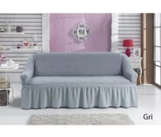 Evren Ev Tekstil Polyester Bürümcük Fırfırlı Süngersiz Kapitone Giydirmeli Gri Tekli Koltuk Örtüsü 180x230 cm