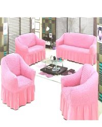 Akbu Pamuklu - Polyester Bürümcük Fırfırlı Süngersiz Giydirmeli Lastikli Pembe Dörtlü Koltuk Örtüsü 183x230 cm