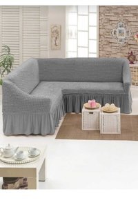 Akbu Pamuklu - Polyester Bürümcük Fırfırlı Süngersiz Giydirmeli Lastikli Gri Tekli Koltuk Örtüsü 180x350 cm
