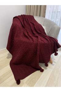 Taylan Mimarlık Akrilik Örgü Ponponlu Süngersiz Düz Bordo Tekli Koltuk Örtüsü 130x170 cm