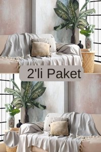 Miracolo Home Pamuklu Püsküllü Süngersiz Çizgili Pembe İkili Koltuk Örtüsü 170x230 cm