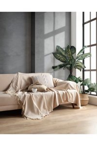 Botex Pamuklu Püsküllü Süngersiz Düz Bej Tekli Koltuk Örtüsü 170x230 cm