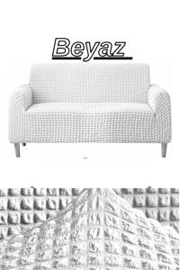 E Bahar Polyester Bürümcük Jakarlı Süngersiz Armürlü Giydirmeli Beyaz Üçlü Koltuk Örtüsü 180x230 cm