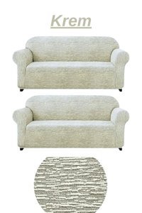 E Bahar Pamuklu - Polyester Likralı Jakarlı Süngersiz Armürlü Giydirmeli Bej Altılı Koltuk Örtüsü 180x230 cm