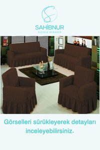 Sahibnur Pamuklu - Polyester Bürümcük Jakarlı Süngersiz Geometrik Desenli Giydirmeli Kahverengi Dörtlü Koltuk Örtüsü 180x230 cm