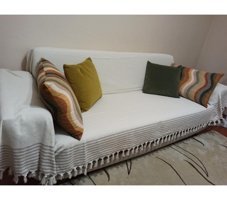 Şener Home Pamuklu Polar Saçaklı Süngersiz Çizgili Bej Üçlü Koltuk Örtüsü 170x301 cm