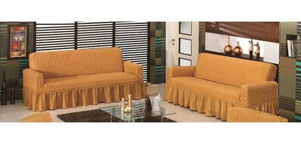 Evory Bürümcük Fırfırlı Süngersiz Kapitone Giydirmeli Hardal İkili Koltuk Örtüsü 180x230 cm