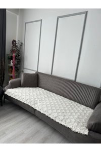 Hs Şönil Örgü Saçaklı Süngersiz Geometrik Desenli Ekru Tekli Koltuk Örtüsü 200x80 cm