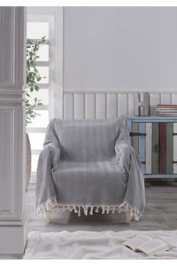 Ladynil Natural Pamuklu Saçaklı Süngersiz Çizgili Siyah Tekli Koltuk Örtüsü 160x160 cm