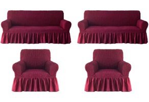 Kırören Polyester Bürümcük Fırfırlı Süngersiz Çizgili Giydirmeli Bordo Dörtlü Koltuk Örtüsü 200x250 cm