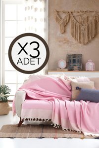 Lux Touch Bergama Pamuklu Püsküllü Süngersiz Geometrik Desenli Pembe Üçlü Koltuk Örtüsü 180x200 cm
