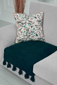Aisha's Design KO-19-T Polyester Örgü Püsküllü Süngersiz Düz Mavi Tekli Koltuk Örtüsü 34x48 cm