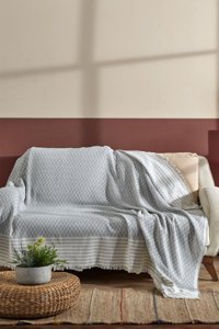 Mis Kitchen Pamuklu Saçaklı Süngersiz Çizgili Gri Tekli Koltuk Örtüsü 170x210 cm