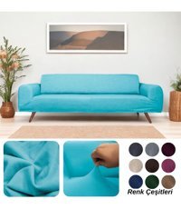 Etles Home Pamuklu - Polyester Likralı Jakarlı Süngersiz Armürlü Giydirmeli Turkuaz Üçlü Koltuk Örtüsü 230x160 cm