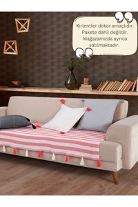 Lux Touch Liva Pamuklu Ponponlu-Püsküllü Süngersiz Geometrik Desenli Kırmızı Tekli Koltuk Örtüsü 115x201 cm