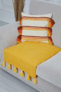 Aisha's Design KO-19-T Polyester Örgü Püsküllü Süngersiz Düz Sarı Tekli Koltuk Örtüsü 34x48 cm