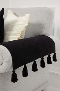 Aisha's Design KC-4 Polyester Örgü Püsküllü Süngersiz Düz Siyah İkili Koltuk Örtüsü 65x57 cm