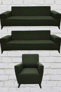 Şahane Ev Mikro Polyester Likralı Jakarlı Süngersiz Düz Giydirmeli Lastikli Haki Üçlü Koltuk Örtüsü 51x42 cm