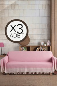 Lux Touch Pamuklu Püsküllü Süngersiz Geometrik Desenli Pembe Üçlü Koltuk Örtüsü 180x300 cm