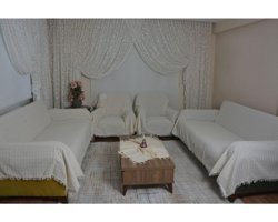 Buldan Pamuklu Kanvas Saçaklı Süngersiz Ekoseli Bej Sekizli Koltuk Örtüsü 180x320 cm