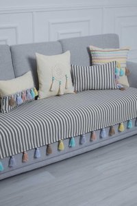 Aisha's Design KO-20 Pamuklu Püsküllü Süngersiz Çizgili Tekli Koltuk Örtüsü 90x210 cm