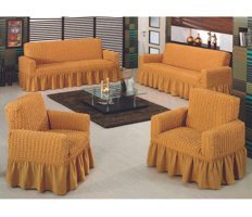 Uyintil Pamuklu - Polyester Bürümcük-Likralı Drapeli Süngerli Petek Desenli Giydirmeli Sarı Dörtlü Koltuk Örtüsü