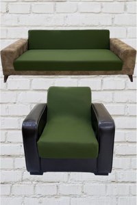 Şahane Ev Mikro Polyester Likralı Jakarlı Süngersiz Düz Giydirmeli Lastikli Haki Üçlü Koltuk Örtüsü 78x55 cm