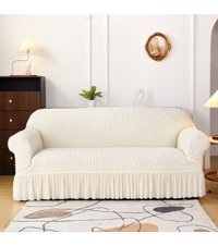 Uy Style Tekstil Polyester Bürümcük-Likralı Drapeli Süngerli Düz Giydirmeli Bej Tekli Koltuk Örtüsü 180x230 cm