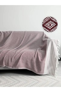 Favora Elmas Pamuklu Örgü Püsküllü Süngersiz Geometrik Desenli Bordo Tekli Koltuk Örtüsü 175x215 cm