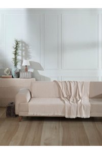 Lux Touch Vera Pamuklu Saçaklı Süngersiz Geometrik Desenli Bej Tekli Koltuk Örtüsü 200x220 cm